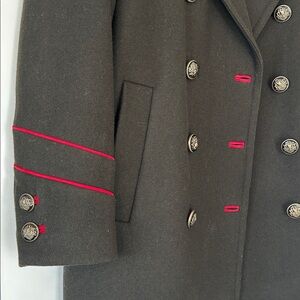 BCBGeneration Olive Green Dbl Breasted Pea Coat Sz L w MEASUREMENTS Red Trim